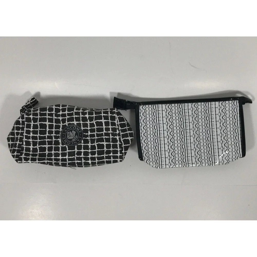 Lancome Paris Cosmetic Bag Set Black White Grid Logo Makeup Travel Pouches 2pc
